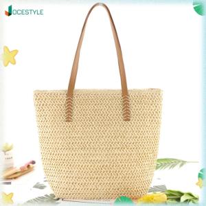 JOCESTYLE กระเป๋าสะพายข้างผู้หญิงลายถักมือสีพื้นความจุใหญ่สำหรับเที่ยวทะเลและกิจกรรมสบาย ๆ