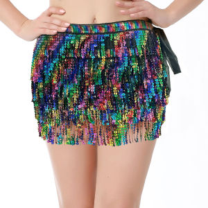 Fringed Hip Scarf Sequins Latin Dance Waist Chain Belly Dance Lace-Up Skirt