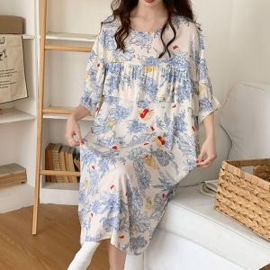 YOLO Váy ngủ ren tay ngắn chống va đập cỡ siêu lớn cho nữ trong cảm giác làm mát mùa hè học sinh có thể mặc quần áo ở nhà đồ ngủ váy lụa cotton