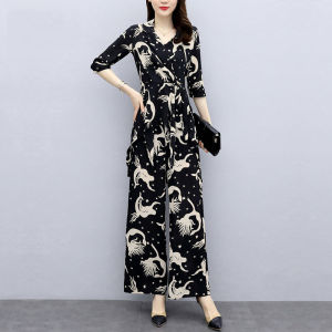 Yushu Women Summer Printed Wide-leg Pants Suit Shirt Blouse and Full Length Trousers Fashion Casual OL 2 Piece Set Plus Size