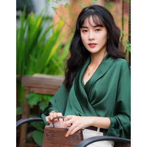 Alisa.Sonya Áo Sơ Mi Satin Retro Cho Nữ Áo Cánh Thanh Lịch Thường Ngày Dáng Rộng Cổ Chữ V Tay Dài Vải Voan Bóng Như Lụa