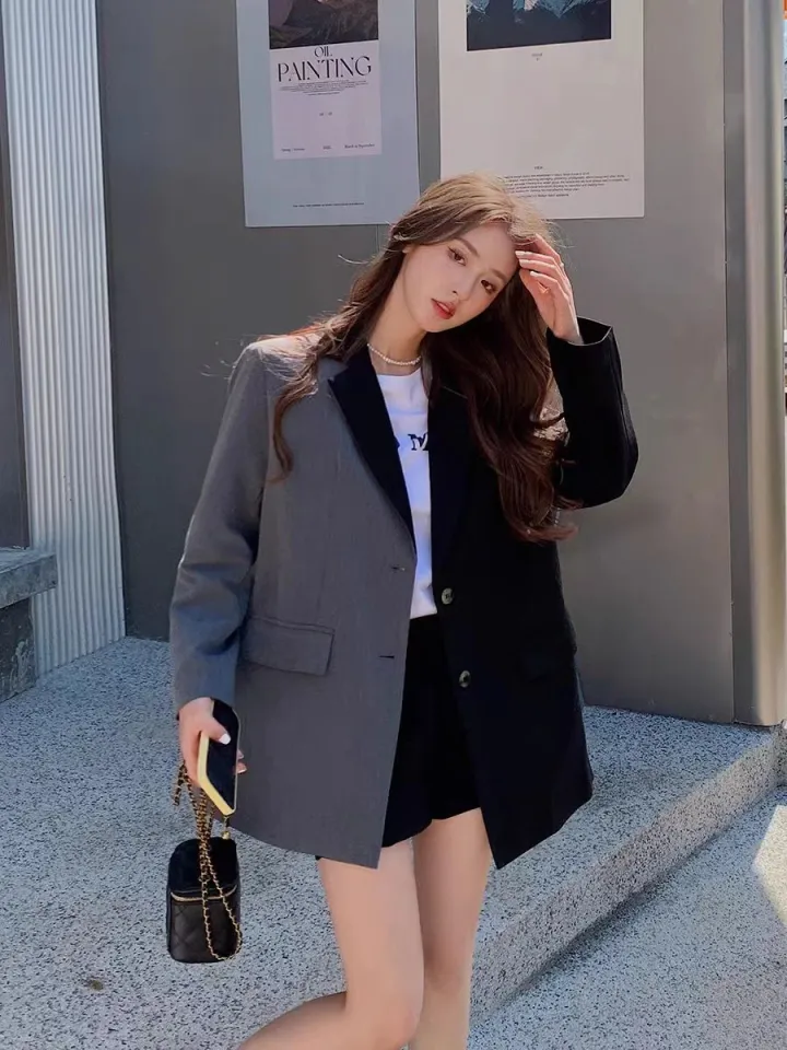 Contrast color patchwork suit jacket for women Korean style