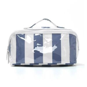 Striped Block PVC Cosmetic Bag Large Capacity Waterproof Portable Makeup Organizer with Handle Portable Travel Toiletry Bag2026