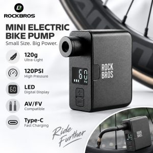【Arrive In 3 Days】ROCKBROS Mini Electric Bike Pump 120PSI Portable Bicycle Air Pump Smart Digital Pressure Display Type C Rechargeable Pump for Road MTB Bike