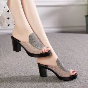 [Free Shipping] New Plus Size Womens Summer Thick-Soled Chunky Heel Sandals for Outdoor Wear Mid-Heel Mom Slippers Thick-Soled Peep-Toe Slide Sandals