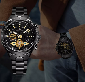Original Forsining Automatic Mechanical Watch Mens Hollow Stainless Steel Business Sports Double Dial Mechanical Clock