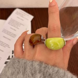 CILL Geometric Metal Jade Ring Korean Style Jewelry Accessories Wide Finger Buckle Personality Alloy Geometric Open Ring Women