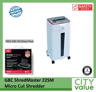 GBC ShredMaster 22SM Micro Cut Shredder. 2x10mm Micro Cut. P-5 Security Level. Shreds CDs and Cards. Safety Mark Approved. 2 Year Warranty.