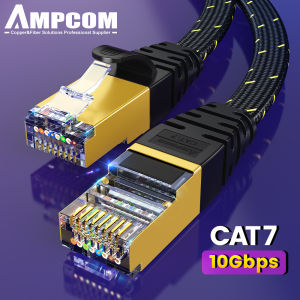 AMPCOM CAT7 Network Cable Shielded Flat RJ45 Network Patch Cord 10G 600MHz 50u Gold Plated Lead Polyester Braided