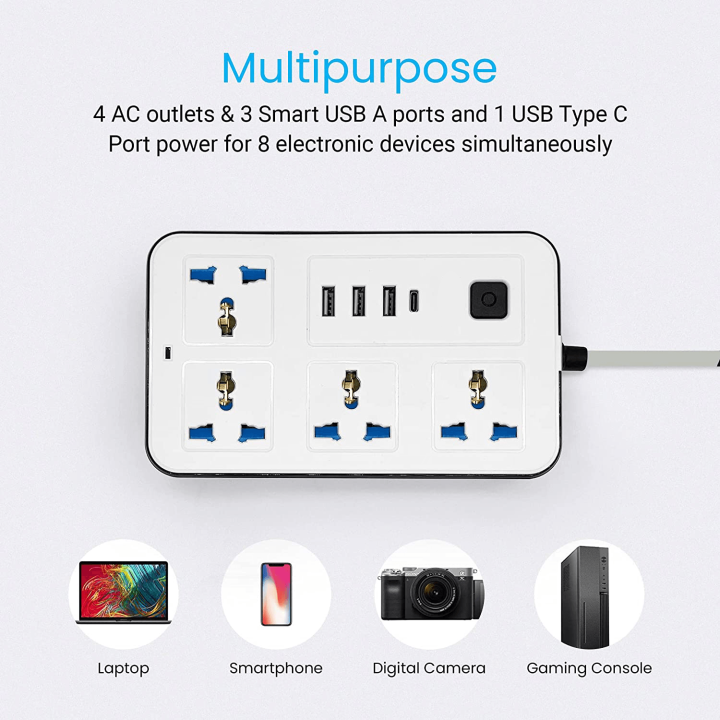 2M TypeC Ports Universal Extension Multi Cord with Power Socket USB