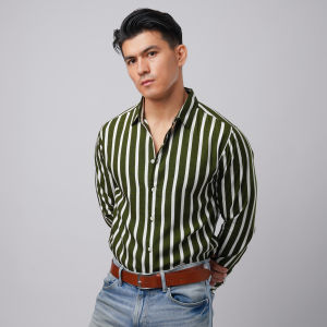 VENGOZ Kemeja Stripe Pria - Dark Green Stripe Shirt LS
