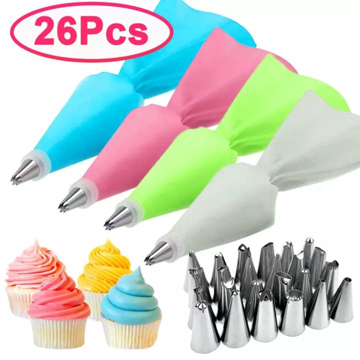 8/26Pcs/Set Silicone Pastry Bag Tips Kitchen Cake Icing Piping Cream Cake  Decorating Tools Reusable Pastry Bags+24 Nozzl