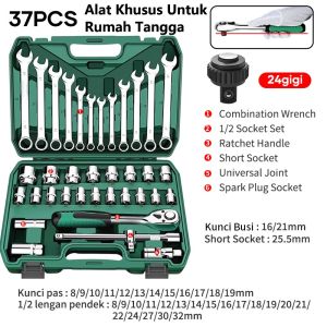 37pcs Kunci Pas Set 8-19mm 1/2 kunci Mata Sok lengkap Kombinasi 1/2 24gigi Gagang ratchet Alat Perbaikan Mobil Toolbox/Kunci Set 37pcs Set kunci perbaikan mobil Tool kit Set alat Kunci Sok set