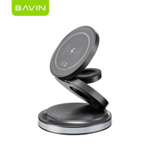 BAVIN PC1181 3-in-1 Magnetic Wireless Charger 15W Foldable Fast Charging Dock for Watch / Earbuds / Phones w/ LED Light