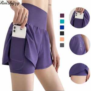 Ruizhijzg Ready Stock Womens High Waist Elasticated Waist Quick Drying Shorts With Pocket Ladies Girls Running Sports Fitness Yoga Short Pant With Safety Pant