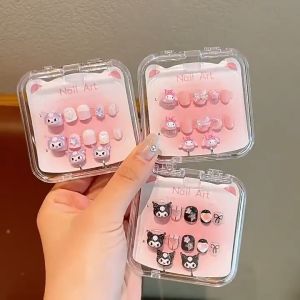 BABYUNION With exquisite transparent box nail stickers new childrens nail Sanrio cartoon kuromi melody Cinnamoroll fake nail ear clips gift set for kids girl