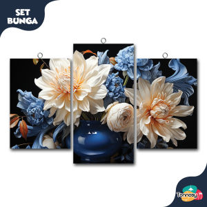 TENNESY Hiasan Dinding Set Bunga 3D biru vase flowers 3 Panel Besar Dekorasi Dinding Kamar Tidur Pajangan Kayu Poster Dekorasi Rumah