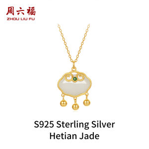 ZHOU LIU FU 周六福 สร้อยคอจี้ S925 Sterling Silver Hetian White Jade Necklace Ruyi Safety Lock Pendant 40+5CM Y0616269
