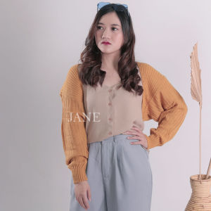 JANE COLLECTION || Outerwear Korea Atasan Wanita Bolero Oversize Crop Top Cardigan Jumbo Outer Knit Cardy Bigsize - Cardigan Knit Momo
