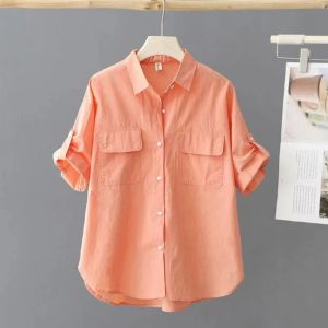 Summer Shirt Design Loose Top Women Short Sleeved Middle-Aged Cotton Short Sleeved Casual Solid Color Shirts
