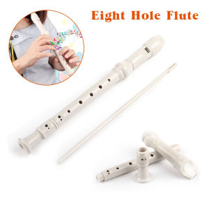 8-Hole Long Flute Soprano Recorder White Plastic Instrument with Cleaning Rod for Student Practice