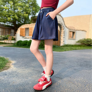 New Kids Designer Summer Silk Denim Shorts With Button for Tweens Girls Brief Style Navy Blue Mini Short Pants Child Age 5-14Y H260702