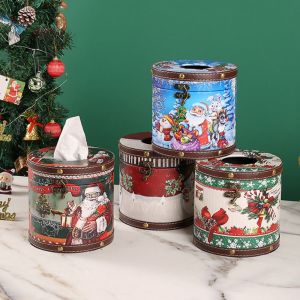 PTPT Retro Christmas Round Tissue Box Leather Cartoon Paper Box Decorative Santa Claus/Snowman/Bird Circular Tissue Holder Christmas