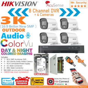 HIKVISION 8Channel 3K (New 5MP 16:9) ColorVu Audio 4Cameras (4 Bullet) Outdoor 8CH DIY CCTV Package Complete Kit NASHANTOO 8/4CRA5 CPS(4B) (with optional HDD) (Cables are sold separately)
