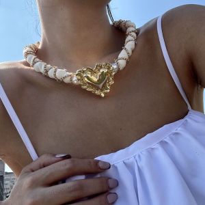 REEBO Y2K Vintage Pearl Necklace Fabric Chain Crystal Twined Heart Pendant Necklace Ethnic Style Light Luxury Rhinestone Choker Women