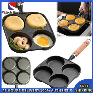 Vktech 4-Hole Breakfast Burger Egg Pancake Maker Wooden Handle Non Stick Egg Frying Pan Egg Pancake Steak Cooking Pan Suitable for Gas Stove Induction Cooker