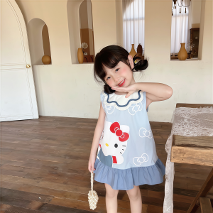 1-9 ขวบ วันแม่ กระโปรงสีฟ้า เดรสเด็กแขนกุด ลายการ์ตูนน่ารักๆ ทรงหลวม สําหรับเด็กผู้หญิง ชุดเดรสเด็กผู้หญิง