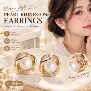 Pearl Stud Earrings for Women Gold Tone Geometric Rhinestone Korean Style Elegant Faux Pearl Jewelry for Daily Wear Office Party Date Night Wedding Guest Outfit Gift 1 Pair