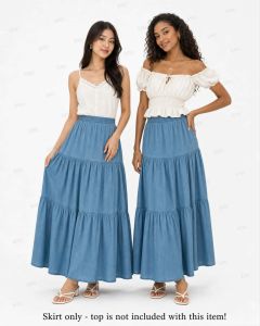BB Elegant High-Waisted Denim Maxi Skirt with Pockets for Women