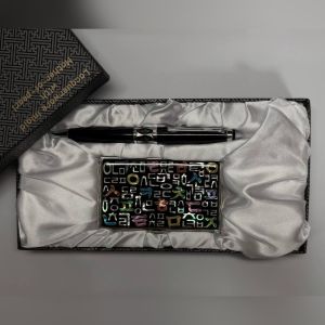KDO Korean Mother of Pearl Ballpoint Pen and Business Card Case Gift Set Hangul Alphabet Pattern Gift Box
