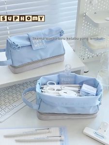 Pencil Box Kotak Pensil Storage Bag Stationery Alat Tulis School Supplies Pensel Student Pencil Case Large Capacity Dual Layer Compartment Water Resistant Fabric Portable Hand Strap Aesthetic Storage Pouch