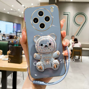 เคสโทรศัพท์ VIVOX100 VIVO X100 Pro 5G เคส ปลอกดีไซน์ใหม่ร้อนซิลิโคนเคลือบด้วยไฟฟ้าน่ารักการ์ตูนทรายดูดขาตั้งหมีและเชือกเส้นเล็ก Case 2024