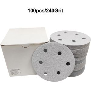 100pcs 150 Grit/240 Grit 5inch 6 Hole White Coated Flocking Sandpaper Disc / Hook And Loop Sandpaper