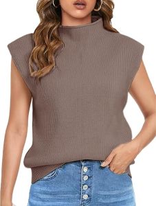 Himosyber  Womens Solid Color Sleeveless Vest Elegant High Neck Elastic Cap Sleeve Knitted Sweater Top