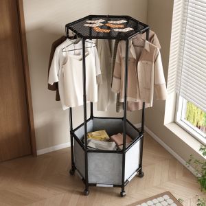 【Rainbow Culture】 360 Rotating Clothes Drying Rack Mobile Garment Organizer with Mesh Shelves Wheels for Bedroom Balcony