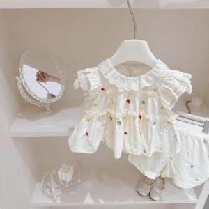 Baby Girl Clothes Set Kids Girl Outfit Fashion High Quality Sweet Korean Style Children Cute Cherry Embroidery short Sleeve Shorts 1 Set
