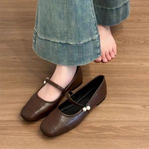 Free Shipping Black Flat Mary Jane Shoes For Women 2026 Spring New Collection Stylish Shallow-Toe Pearl Single Shoes