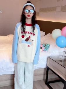 Girls Flannel Pajamas Coral Velvet Thermal Sleepwear Set for 6-12 Years Girls Long Sleeve Warmth Design with Cartoon Print2026