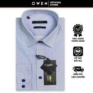 OWEN SALE - Áo Sơ Mi Owen Tay Dài Màu Xanh - Trắng  Họa Tiết Chấm Bi Form Regular Fit Lai Bầu Chính Hãng
