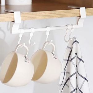 ZYJC Plastic Towel Bar Hanging Holder with Hooks No-Drill Cabinet Towel Rag Rack Multifunctional Snap-On Cabinet Door Hanger for Kitchen