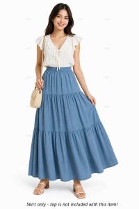 DD  2026 summer new womens a-line midi skirt | faux denim patchwork design | elastic waist mid-length cake skirt