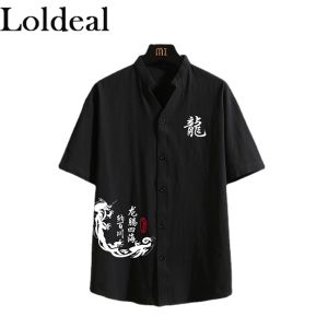 Loldeal เสื้อเชิ้ตผู้ชายแบบจีนโบราณเสื้อลำลองแขนสั้นผ้าฝ้ายลินินลายตัวอักษรผ้าบาติก