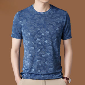 Silk Short Sleeve T-Shirt for Summer Young Men  Trendy Loose Fit  Breathable Ice Silk Base Layer with Jacquard Effect