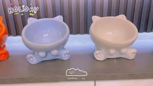 Ceramic Cat Bowl Anti-Tip SlantedFood & Water Bowl with Raised Neck Guard