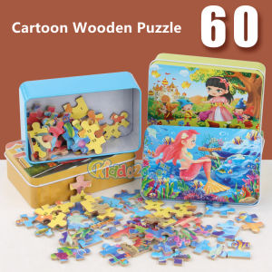 KiddoZone 60PCS Jigsaw Puzzle Cartoon Wooden Iron Box Puzzle Car Animal call Story Flat Puzzle Baby Early Education Learning Toy Gift for Boys and Girls