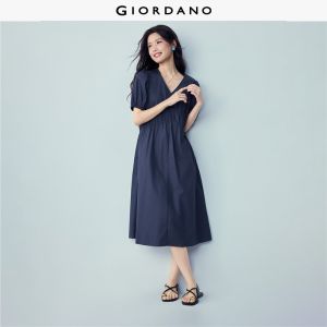 Giordano Women 100% cotton v-neck puff sleeve midi dress Free Shipping 05466348